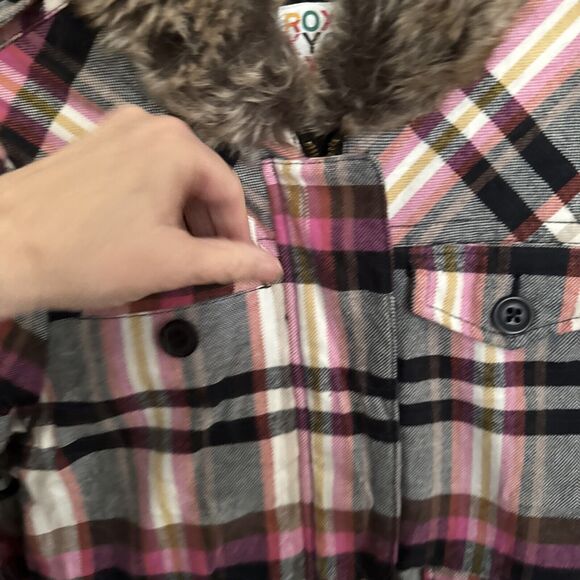 Roxy Women's Large  Faux Fur Hooded  Pink Plaid Jacket/Coat  Pockets - Picture 6 of 12